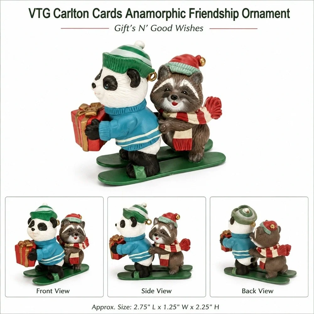 Carlton Cards Heirloom Gifts N Good Wishes Panda Raccoon Skiing Ornament Boxed